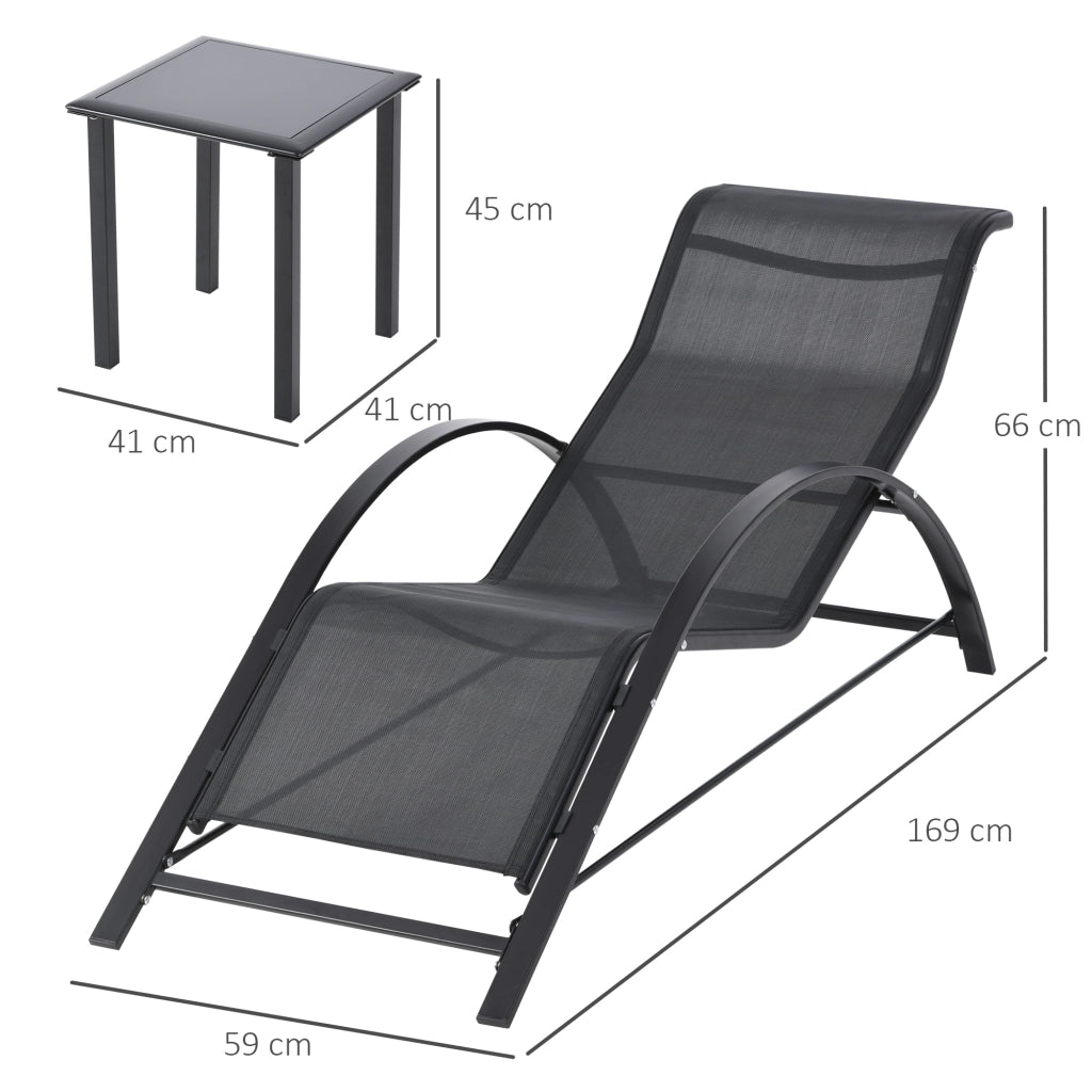 Set 2 Lettini Prendisole e Tavolino con Ripiano. in Tessuto Traspirante e Metallo. 59x169x66 cm. Nero