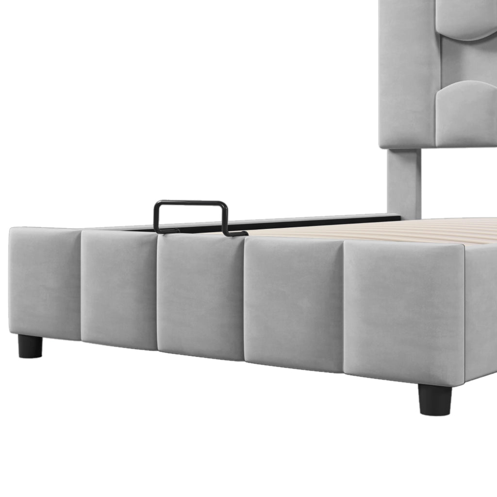 Letto imbottito 90x200 cm con contenitore idraulico; testiera regolabile; LED; velluto grigio