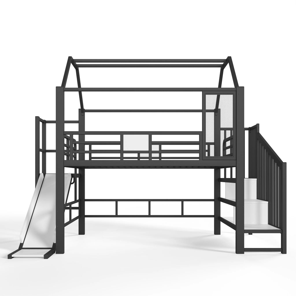Letto a soppalco per bambini con scivolo; LED Bluetooth e scala; 140 x 200 cm; nero