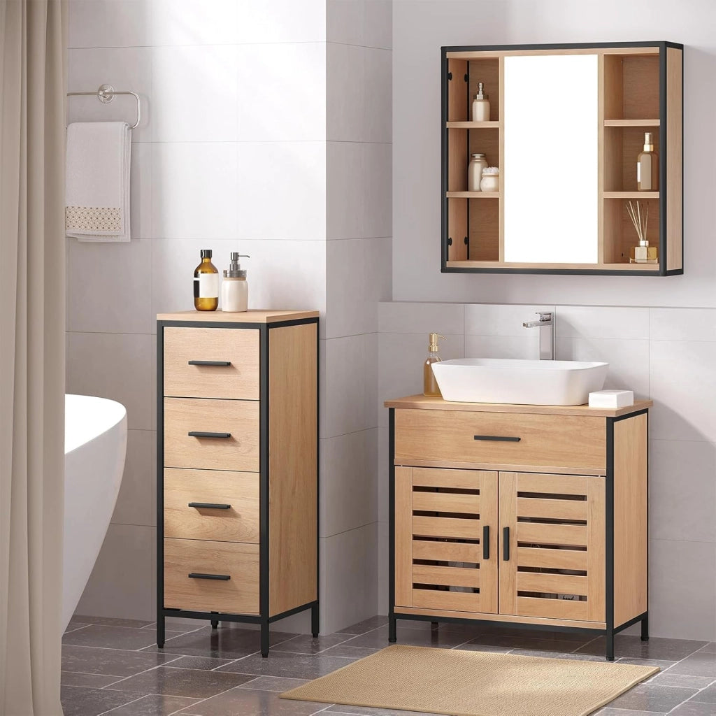 Mobiletto, Mobile Lavabo, Mobile Bagno, con 1 Cassetto Grande, 2 Ante a Ribalta, Ripiano Regolabile, MDF, 60x30x60cm, Rovere Chiaro