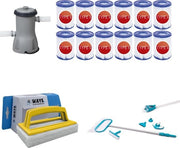 Manutenzione Piscina - Kit di Manutenzione Deluxe & Pompaggio 2006 l/h & 12 Filtro Tipo II & Setaccio per Piscina con Spazzola Scrub
