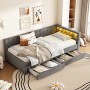 Divano letto con 2 cassetti; porte USB e Tipo-C; LED ambientali e doghe; lino grigio; 90x200 cm; senza materasso