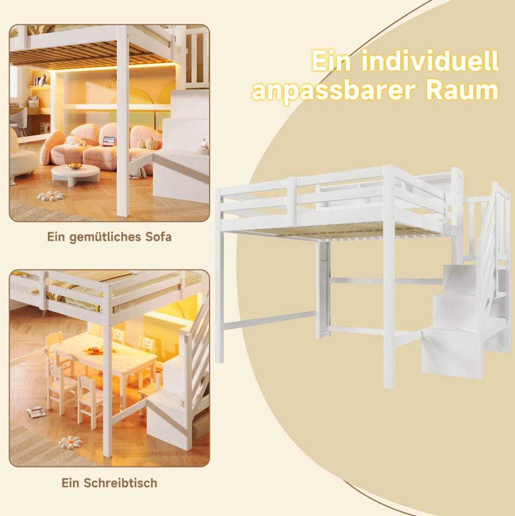 Letto a soppalco 140x200 cm bianco con LED e scala contenitore