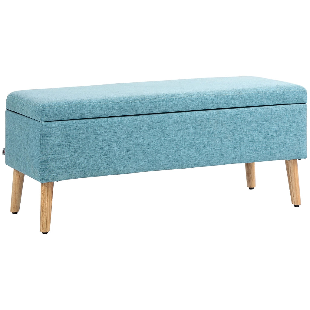 Panca contenitore imbottita in stile scandinavo, rivestimento effetto lino, blu, 110 x 39 x 45 cm
