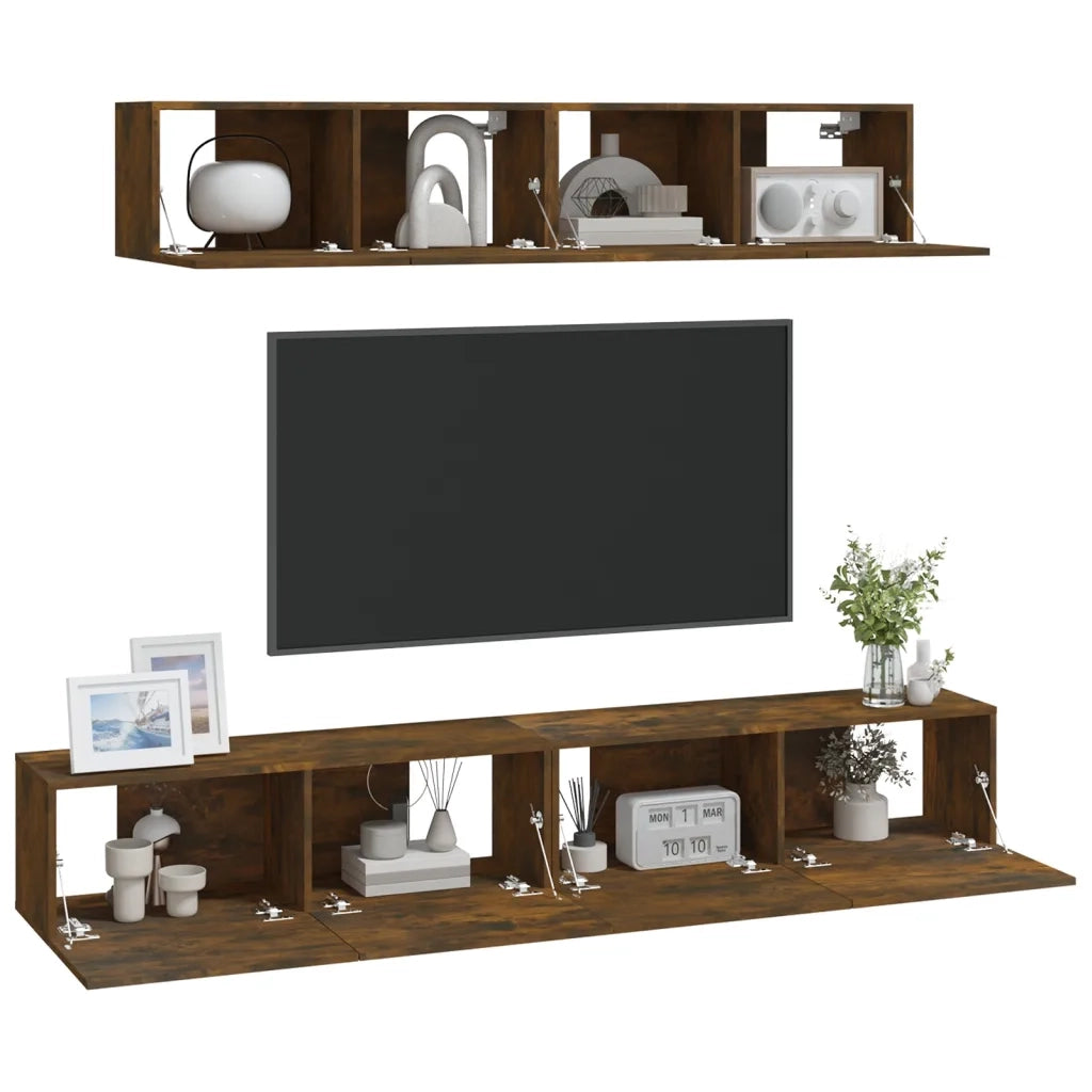Set di Mobili Porta TV 4 pz Rovere Fumo in Legno Multistrato cod mxl 12156