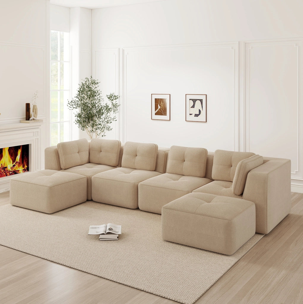 Divano angolare modulare 386x177x69 cm in velluto a coste beige; senza montaggio