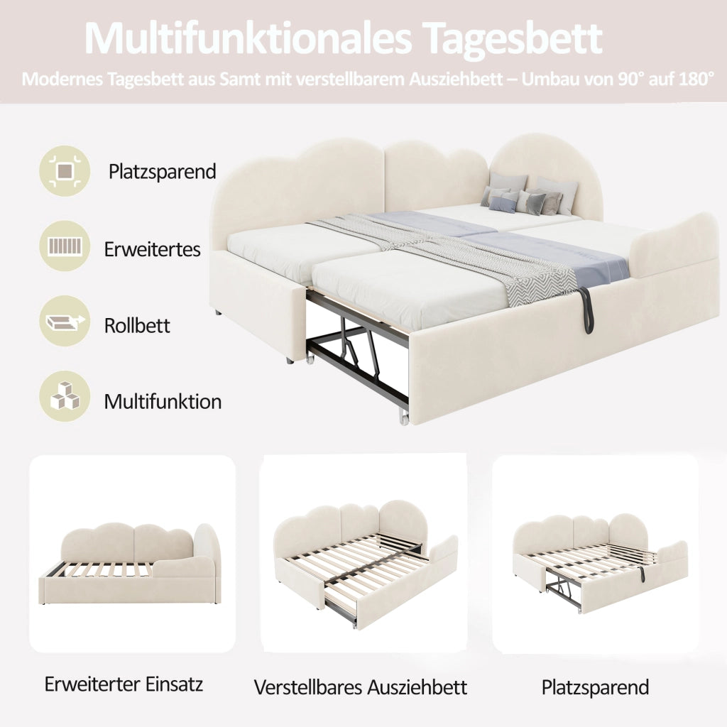 Letto imbottito a scomparsa a L con testiera a forma di nuvola in velluto beige per camera da letto e ospiti