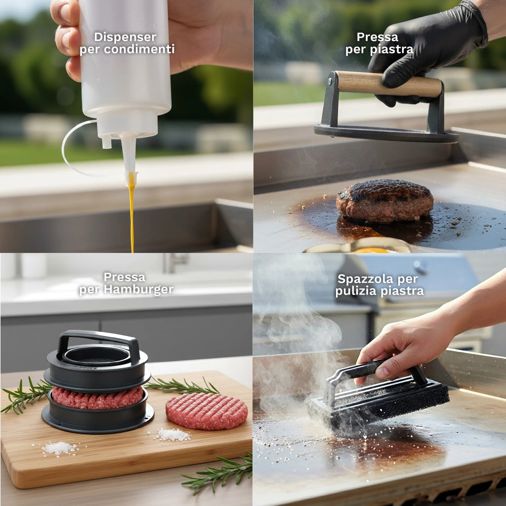 Set Accessori Barbecue Professionale 27 Pezzi Kit Completo BBQ Smash Burger, Pressa Hamburger, Spatole, Pinze, Cloche e Dispenser Salse – Utensili in Acciaio Inox con Borsa Trasporto