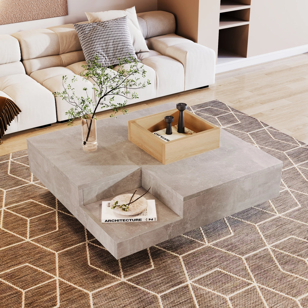 OKWISH Tavolino da Salotto Quadrato con Scatola Contenitore Estraibile, Struttura Stabile, per Soggiorno, in Truciolare, Grigio, 72 x 72 x 30 cm