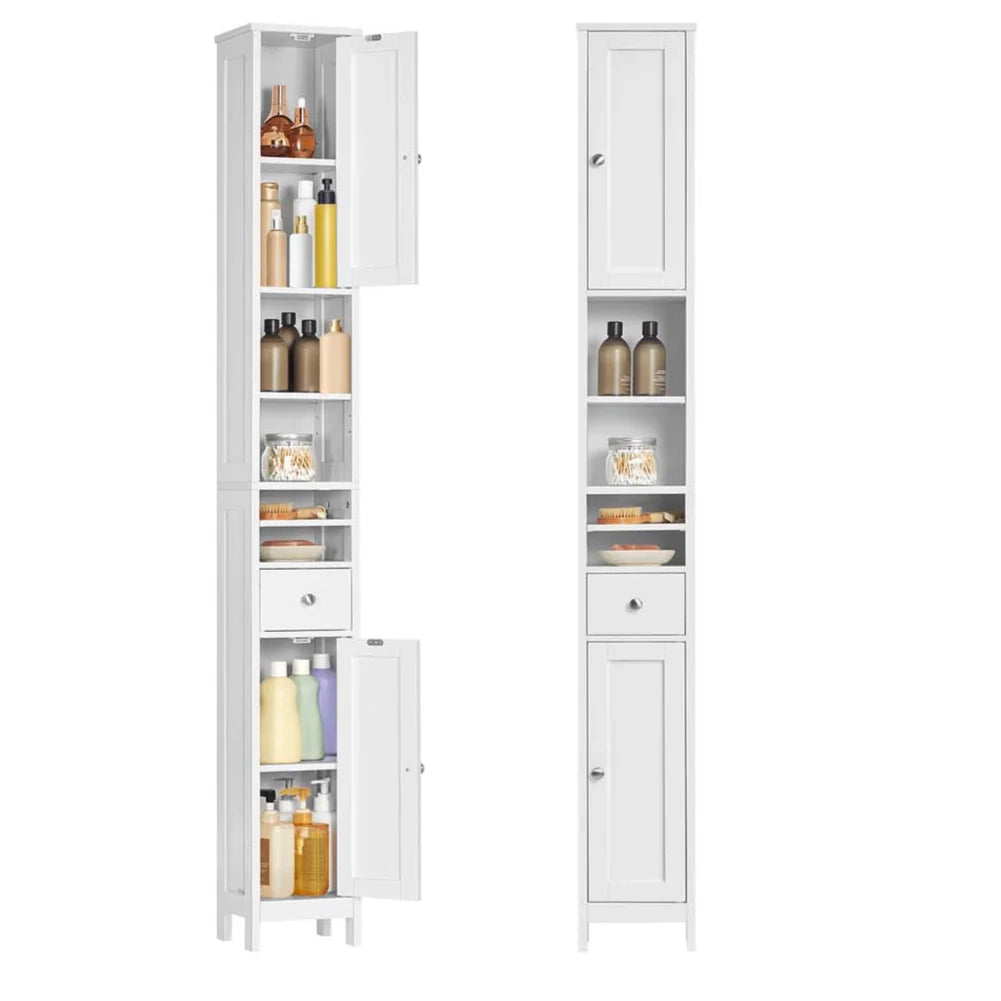 Mobiletto alto da bagno 195 x 214 x 180 cm stretto con ripiani regolabili cassetto e vani a giorno per piccoli spazi moderno bianco 12_0005198