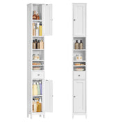 Mobiletto alto da bagno 195 x 214 x 180 cm stretto con ripiani regolabili cassetto e vani a giorno per piccoli spazi moderno bianco 12_0005198