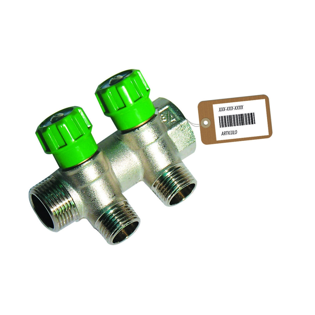 COLLETTORE LINEARE CON RUBINETTI D'ARRESTO 2 DERIVAZIONI IMPEX F-BRICO- 3/4 x 1/2- FAIDF- pezzi 1