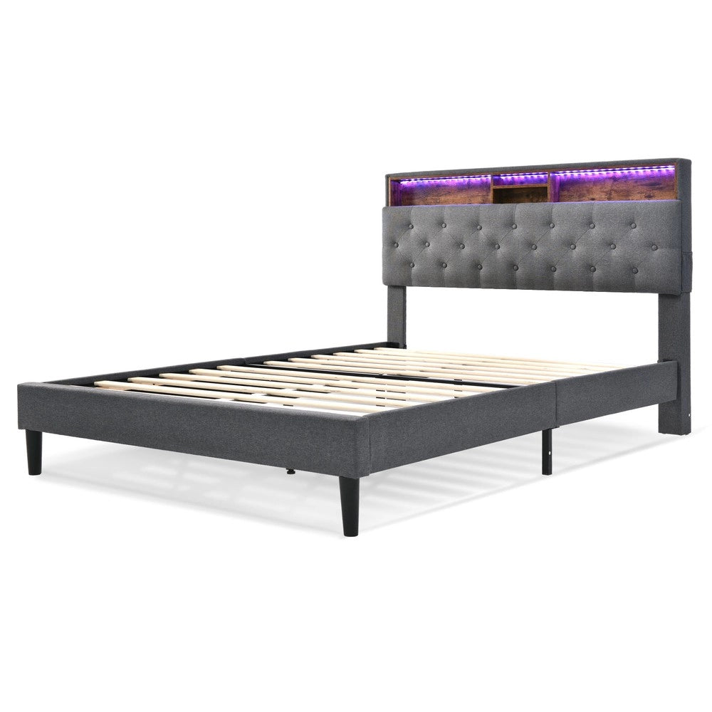 Letto Contenitore Imbottito con LED ¨C MINIMAL ¨C Grigio, 140x200, con materasso