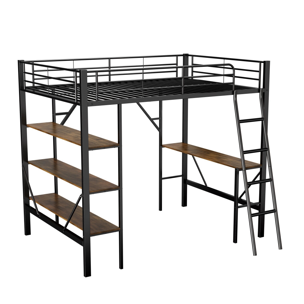 Letto a castello metallo nero con scrivania e tre ripiani 90x200 cm