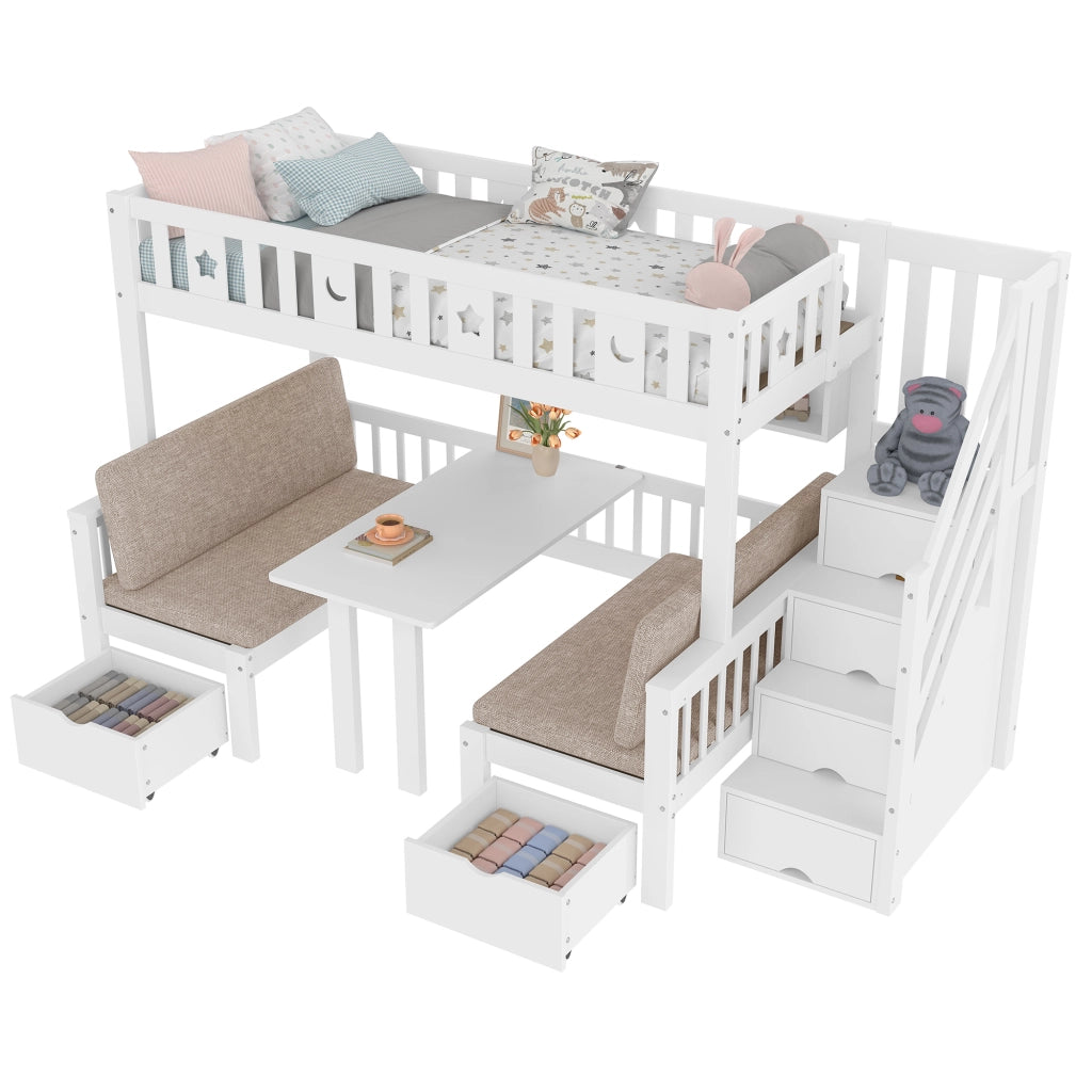 Letto a castello bianco in pino con funzione letto e scrivania 90x200 cm