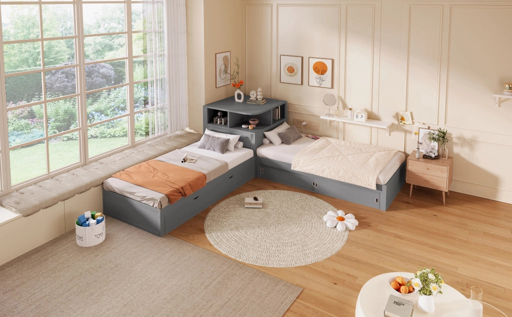 Letto combinato 90 × 200 cm con letto estraibile, contenitore con ante scorrevoli e luce LED, senza materasso, in pino, grigio