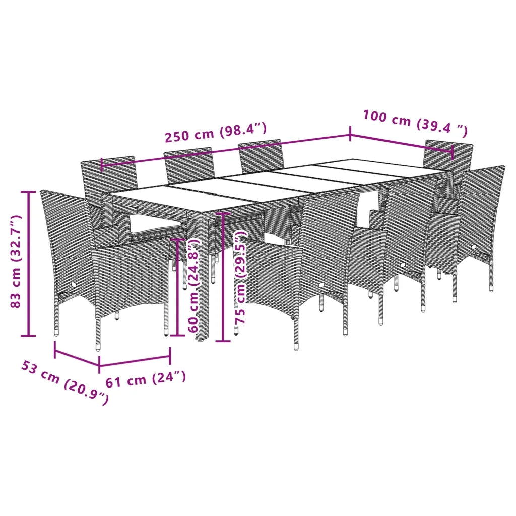Set da Pranzo da Giardino 9 pz con Cuscini Polyrattan e Vetro 3278593