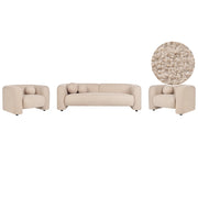 Set da salotto composto da divano a 5 posti e 2 poltrone in tessuto bouclè beige con cuscini aggiuntivi stile glamour retrò soggiorno
