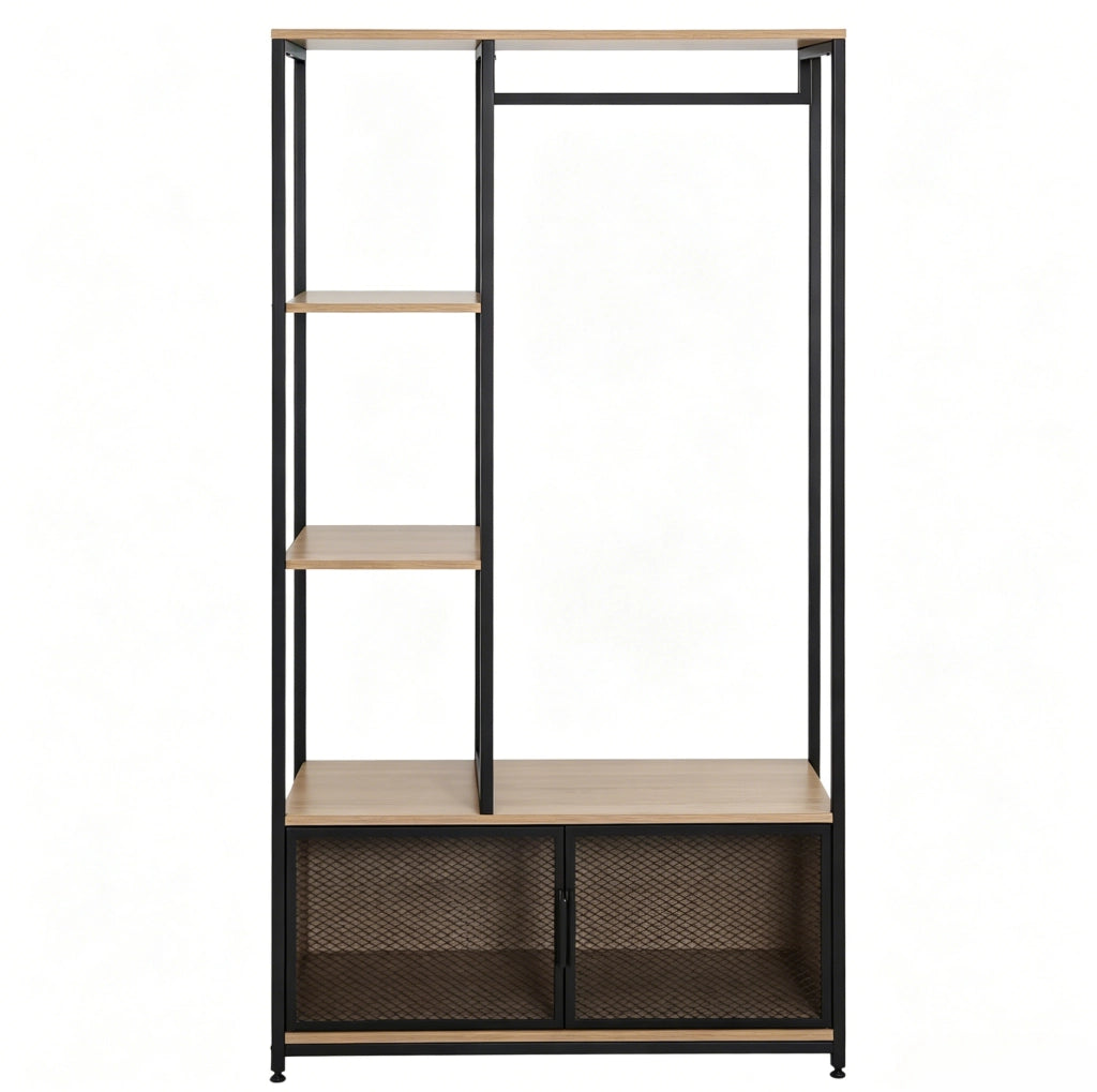 Appendiabiti aperto 90x40x167 cm nero e rovere chiaro MDF metallo con ripiani