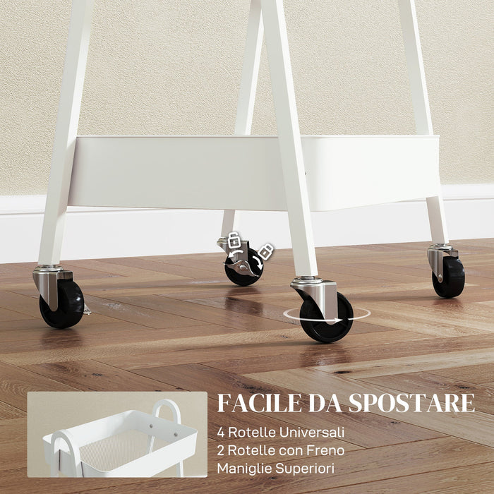 Carrello da Cucina Multiuso a 3 Livelli 42,4x29,8x74,5H cm con Ruote e Freno Bianco