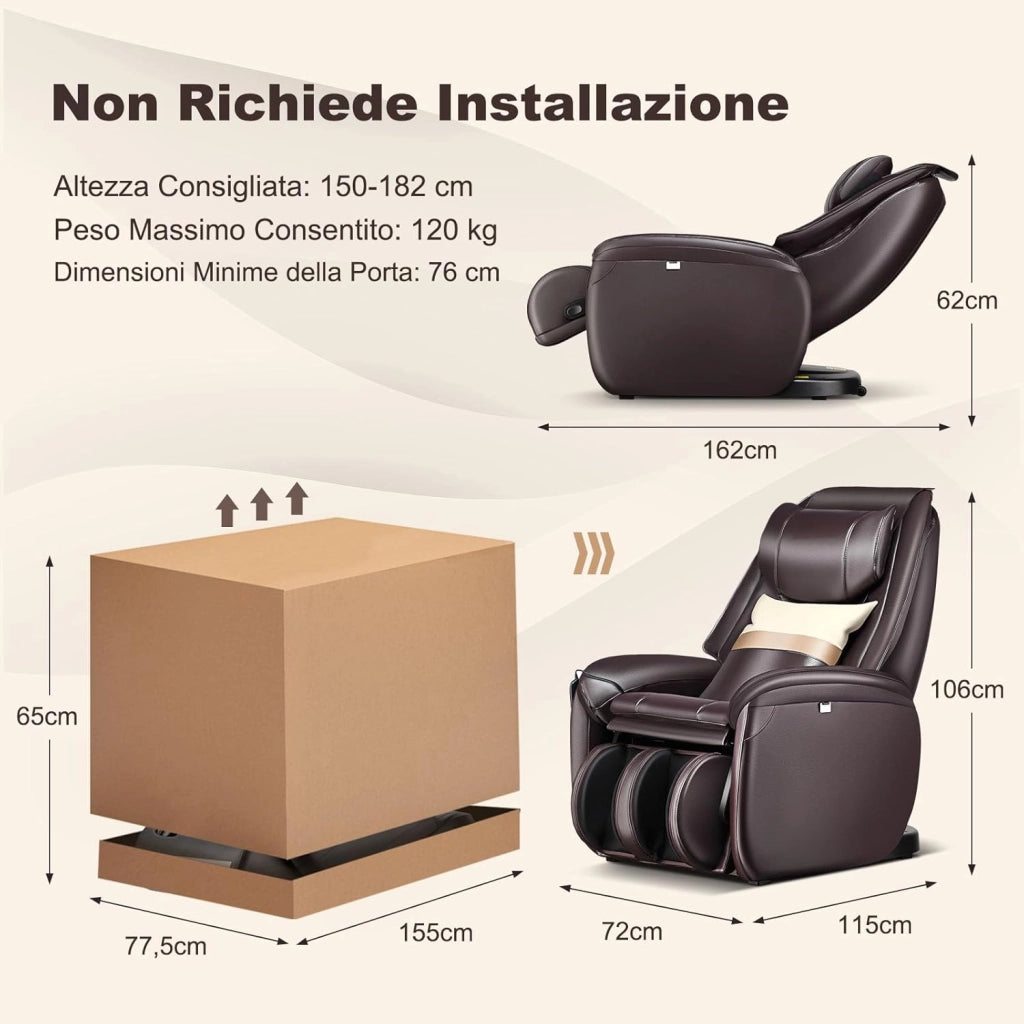 Poltrona Massaggiante Elettrica Shiatsu 8 Modalità, Poltrona Reclinabile con Riscaldatore Schienale, Rilevamento Automatico Spalle, Controllo Remoto, Ruote e Cuscino (Marrone)