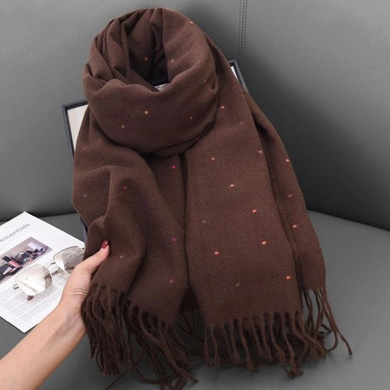Solenne sciarpa | Sciarpa da donna autunno/inverno con frange pelose e punti a righe uniformi (marrone)