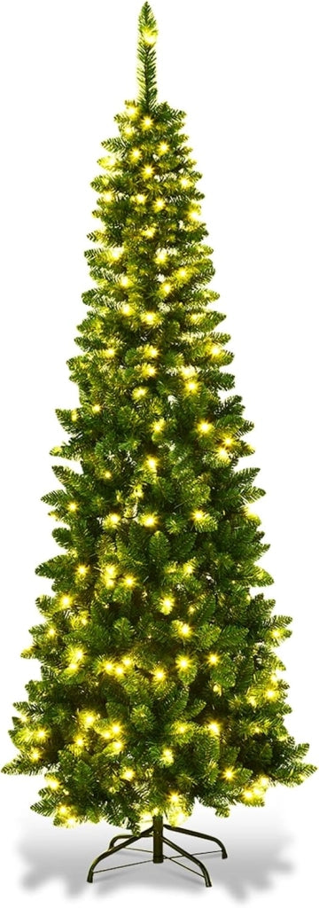 Albero di Natale 135/200/225 cm, Albero di Natale Slim con 150/250/350 Luci a LED Calde, 226/708/1085 Rami Folti e Base di Metallo, Albero di Natale con Luci Incorporate per Festa (200 cm)