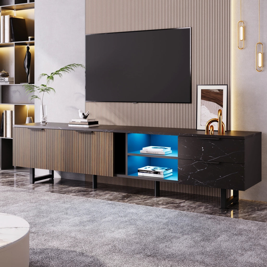 OKWISH Mobile TV con 2 Ante, 2 Cassetti, 2 Vani e LED, per Soggiorno, in MDF, Nero ed Effetto Legno, 200 x 38 x 50 cm