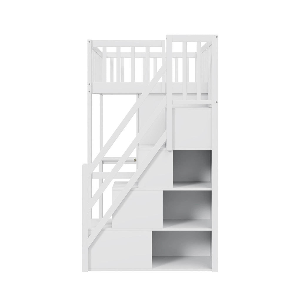 Letto a Soppalco Multifunzione – Xylo – 90x200cm, Legno Bianco, Grande Armadio, Scaffale, Tavolo, Scala, Ripostiglio