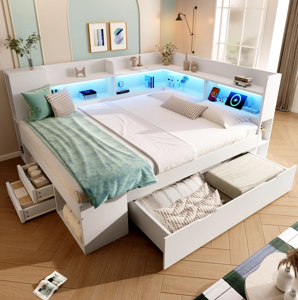 Letto da giorno 140x200 cm bianco con materasso; LED; cassetti; USB e Type-C
