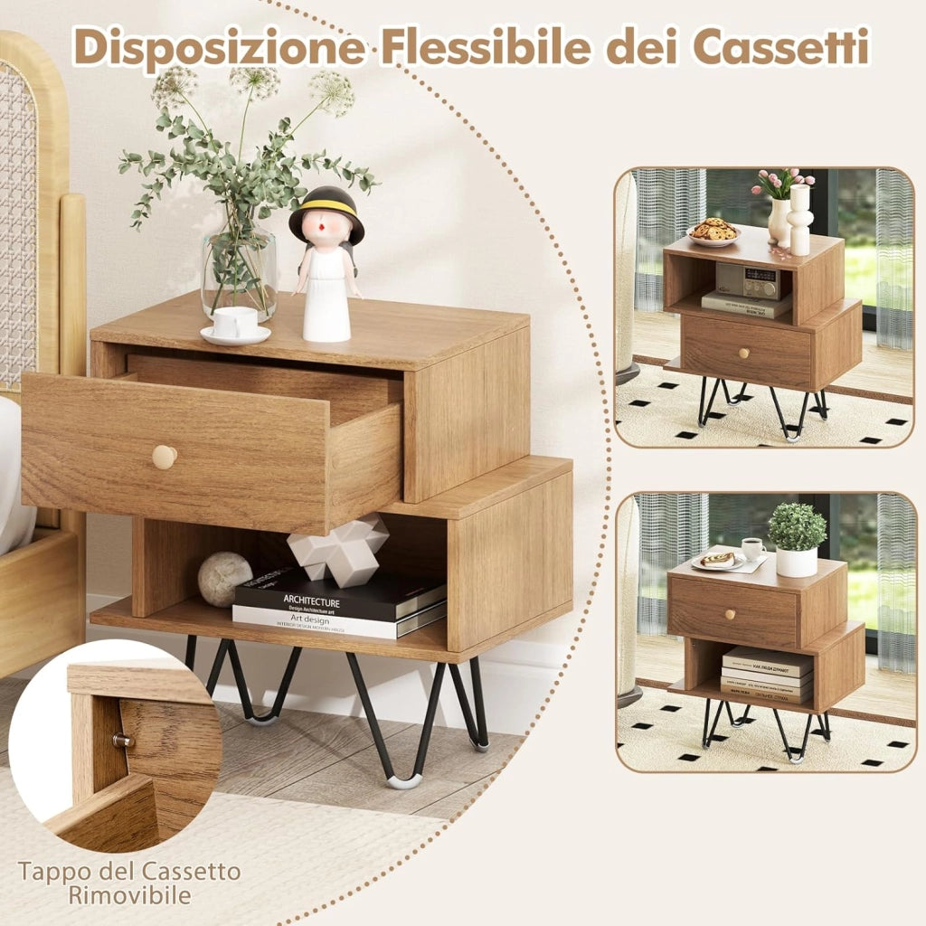 Set di 2 Comodini, Tavolino Moderno con Cassetto Rimovibile, Scomparto Aperto e Gambe in Metallo, Mobile per Camera da Letto, Soggiorno e Ufficio, Naturale