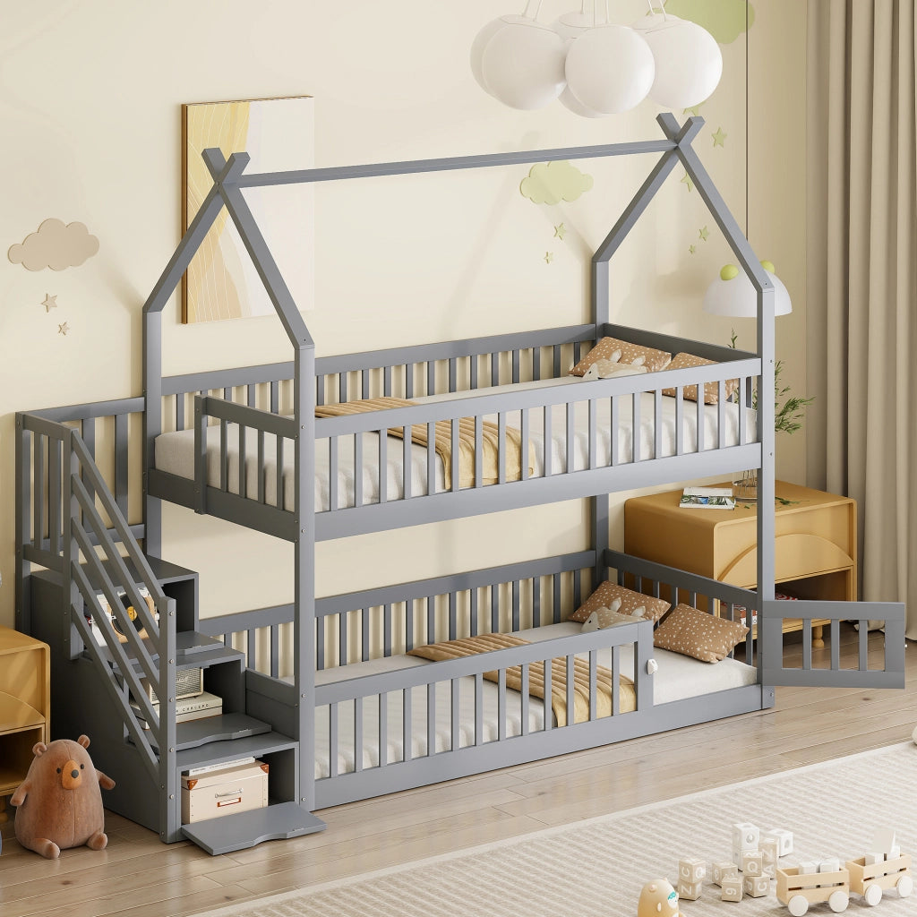Letto a Castello 90x200 cm; Letto Singolo - Tetto; Scala con Cassetti - in Legno - Grigio