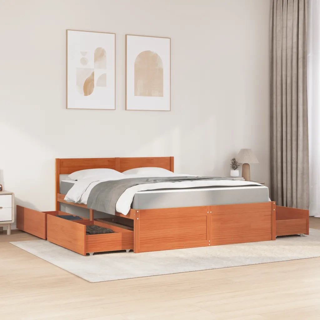 Letto Cassetti e Materasso Cera 160x200cm Legno Massello Pino 3281894