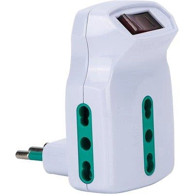 ADATTATORE TRIPLO 10A10/16A FME  BIANCO 2P+T + INTERRUTTORE TERMICO