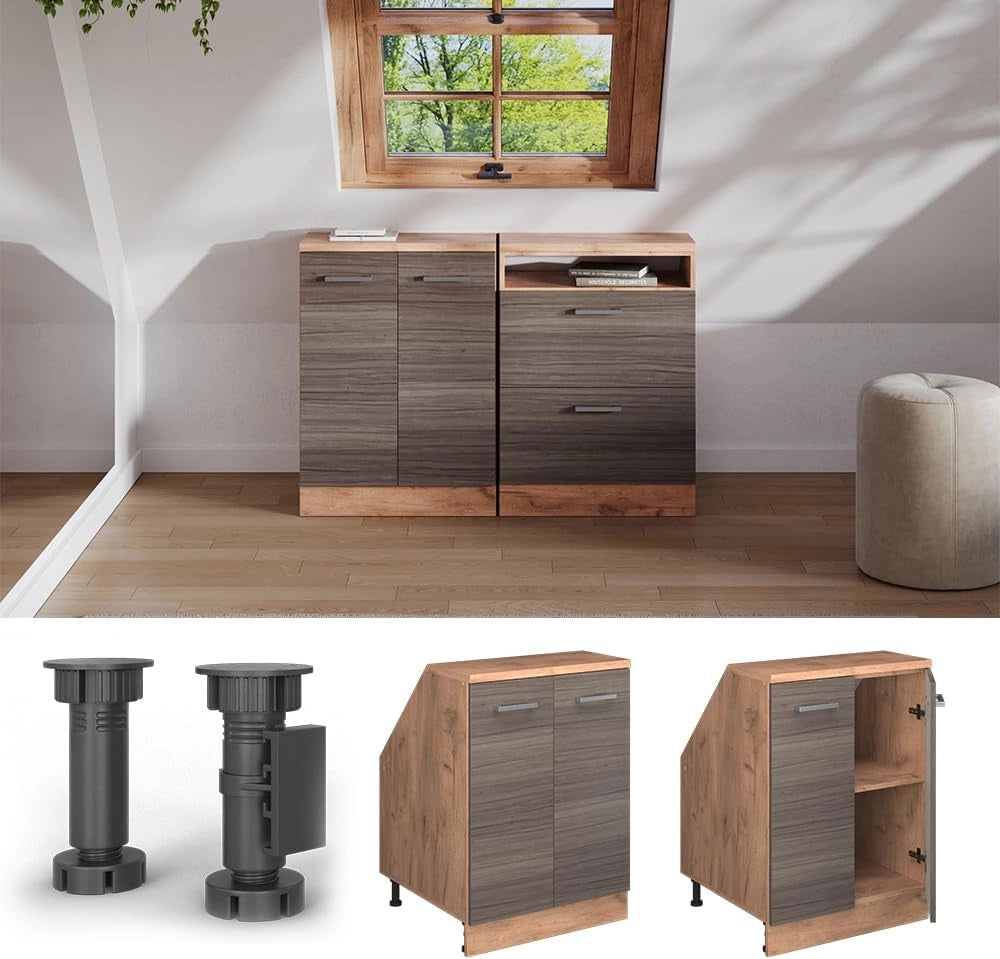 Mobile sottotetto Rion, Grigio nobile, 60 x 81.6 cm con 2 porte, carcassa 60 cm profondità, adatto per il salvaspazio sotto tetti spioventi
