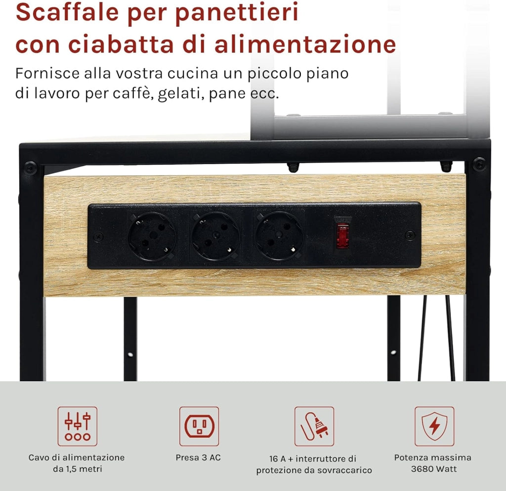 Scaffale da Cucina a 6 Livelli con Prese di Corrente, Scaffale per Microonde con Struttura in Metallo e Piano di Lavoro Aperto, Nero+Rovere Chiaro, 80x39,5x167cm