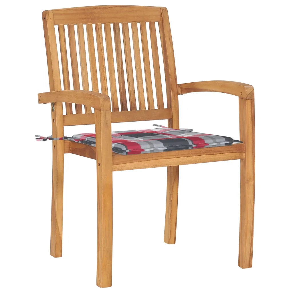 Sedie Giardino 2 pz | Sedie da Esterno con Cuscino Rosso a Quadri Massello di Teak