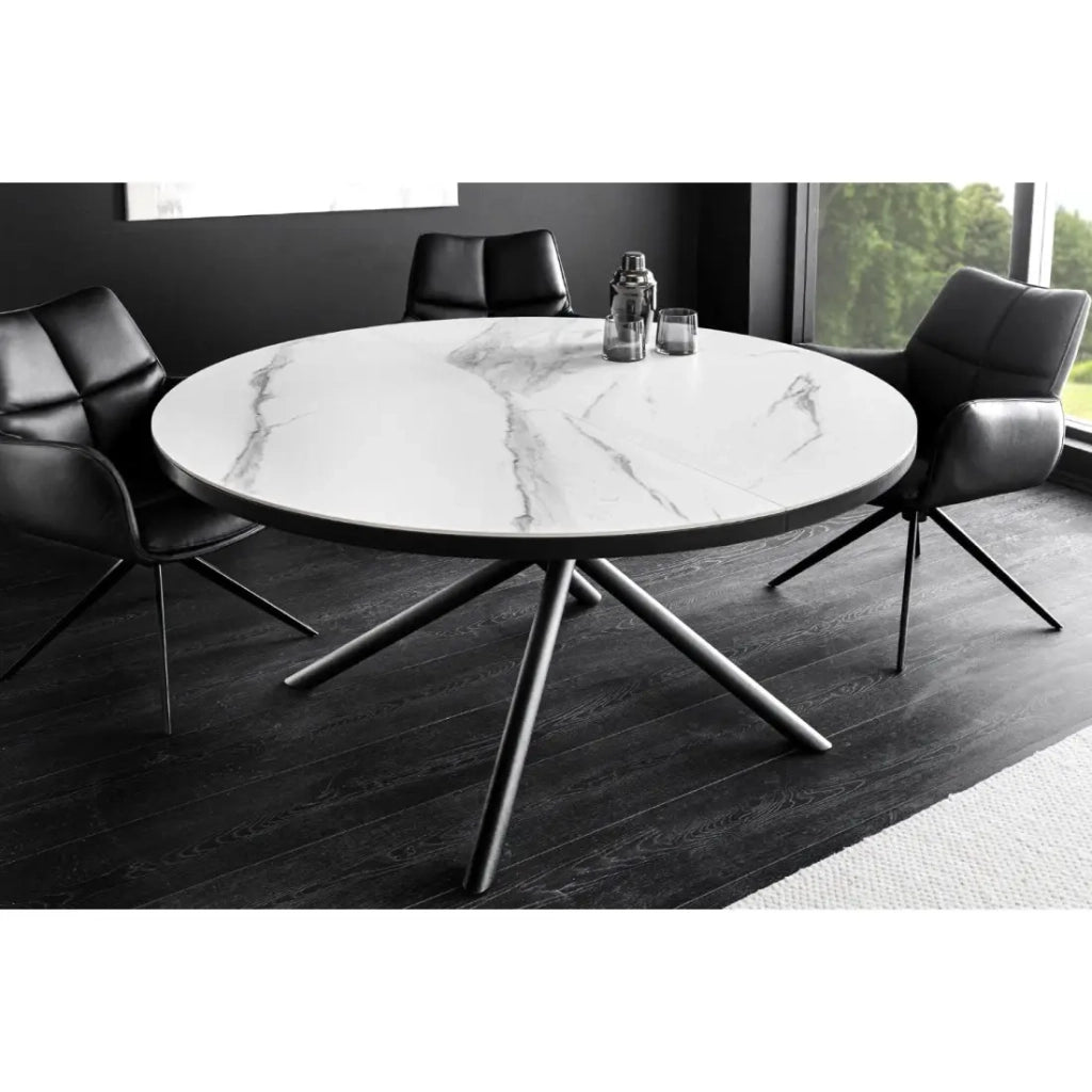 Tavolo da pranzo rotondo allungabile OPHIRA 120-160 cm – Ceramica effetto marmo bianco e metallo nero