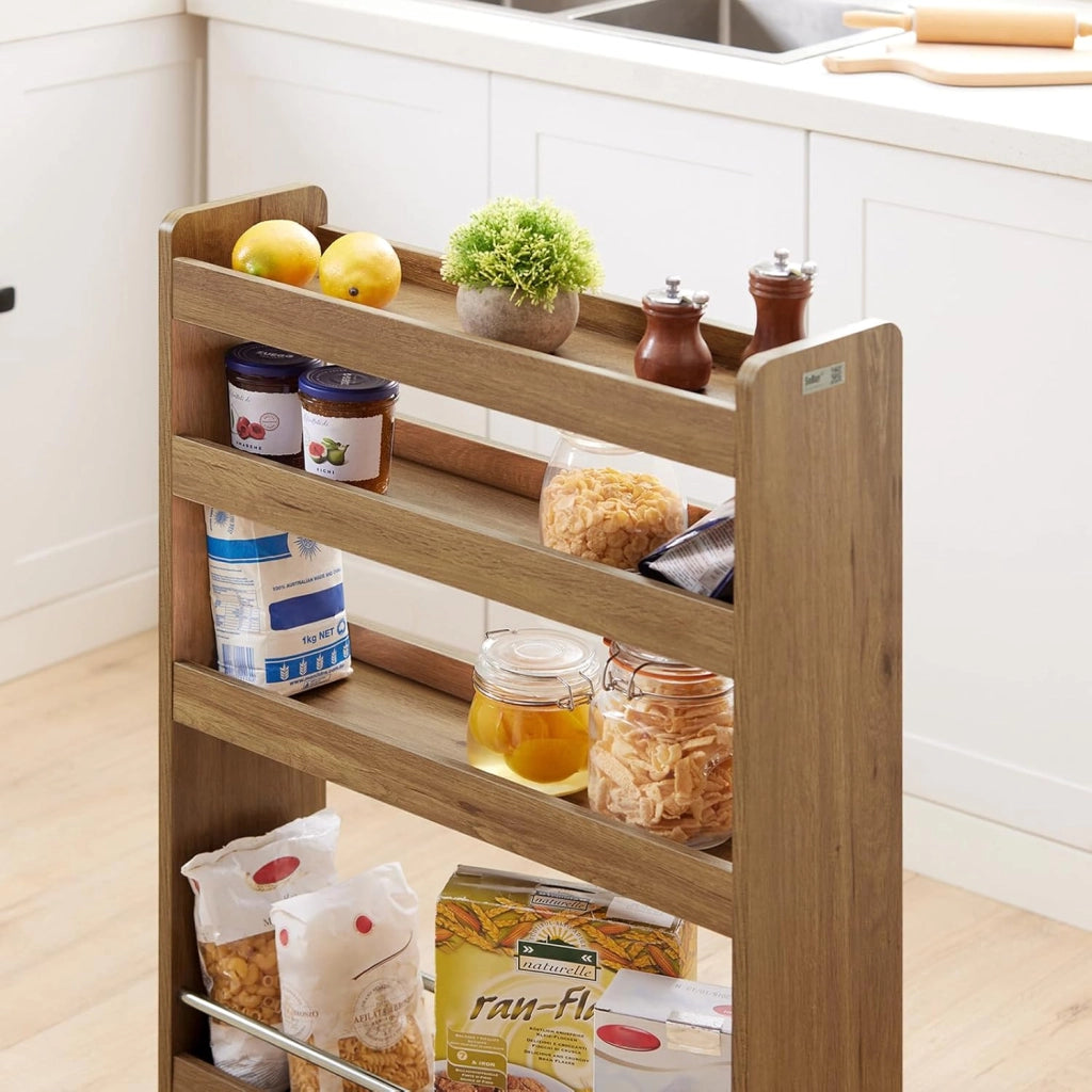 Carrello Slim per Cucina e Bagno con 4 Ruote Scaffale Salvaspazio a 4 Ripiani con Aste Antiscivolo Unità di Stoccaggio per Cucina, Bagno, Forniture per Bellezza o Artigianato 60x18x82cm NSR01-PF