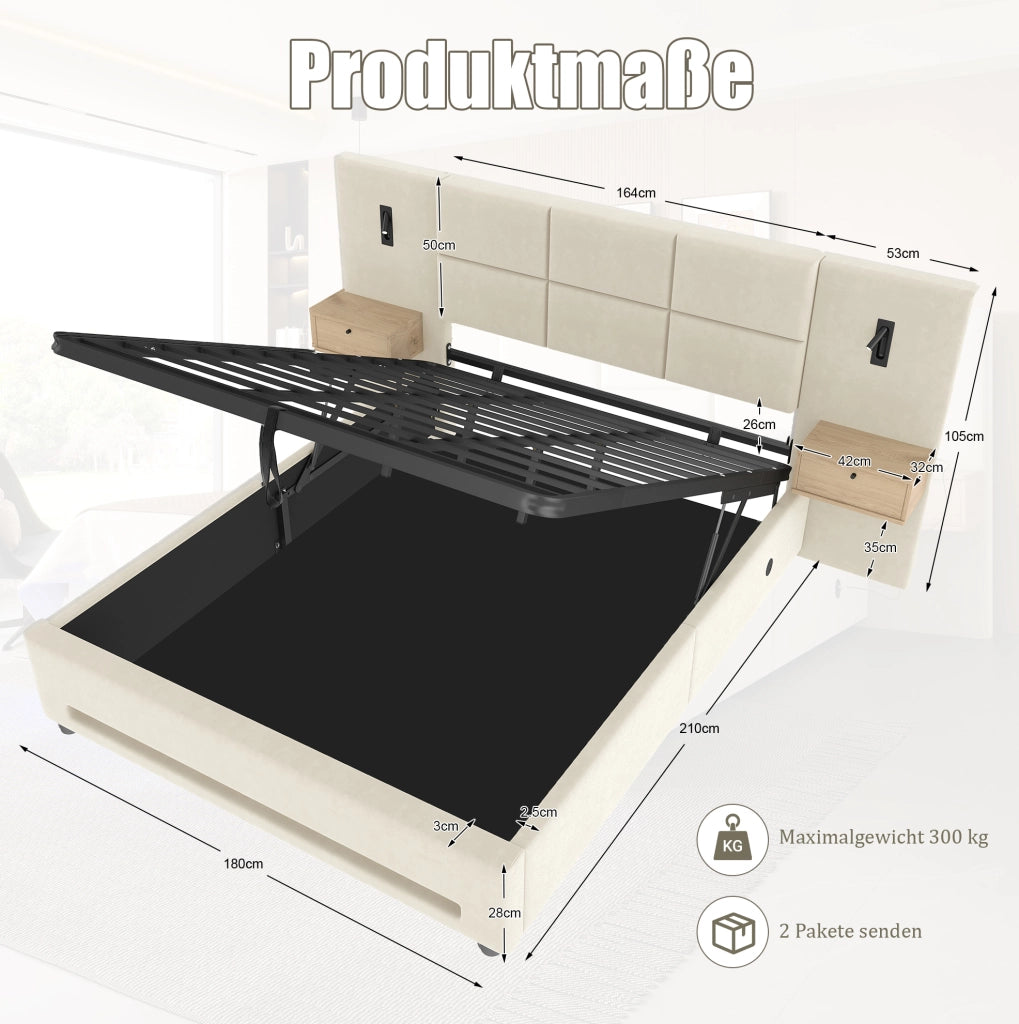 Letto matrimoniale imbottito 180x200 cm in velluto beige con contenitore; USB-C e LED