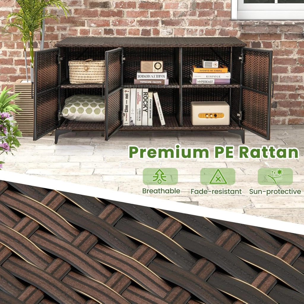 Armadio da Giardino in Rattan Wicker con 3 Porte e Ripiani Rimovibili, Armadio da Esterno Impermeabile per Cuscini, Giochi da Piscina, Strumenti da Giardinaggio (Marrone)