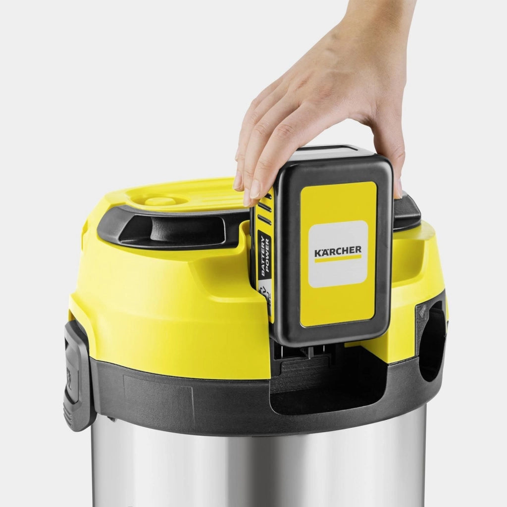 Kärcher WD 3-18 Aspirapolvere a Cilindro Secco e Bagnato 18V 5Ah 17 L 225 W Senza Fili IPX4 colore Giallo Acciaio Inox