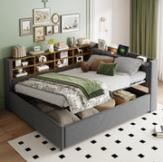 Letto imbottito multifunzionale 140x200 cm in velluto grigio con contenitore; luci e porte USB/Type-C