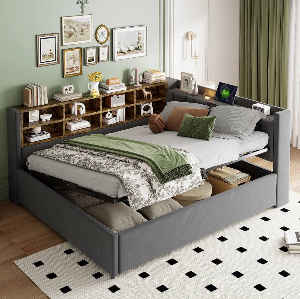 Letto imbottito multifunzionale 140x200 cm in velluto grigio con contenitore; luci e porte USB/Type-C