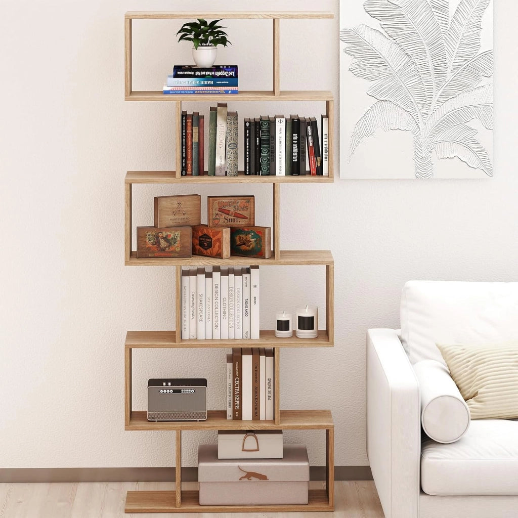 Libreria Scaffale a 6 Ripaini, a Forma di S, Portata di 120 kg, Scaffale Portaoggetti con 6 Cubi, Moderna e Salvaspazio, Arredo per Ufficio, Soggiorno, Biblioteca, 80x23x191 cm (Naturale)