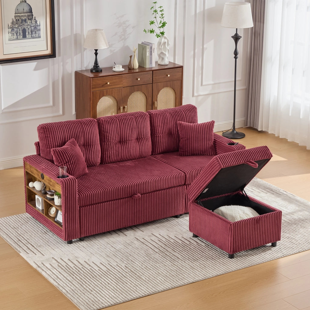 DIVANO Letto con contenitore 196x82-144x85 cm Tessuto a coste Rosso vino USB-C LED