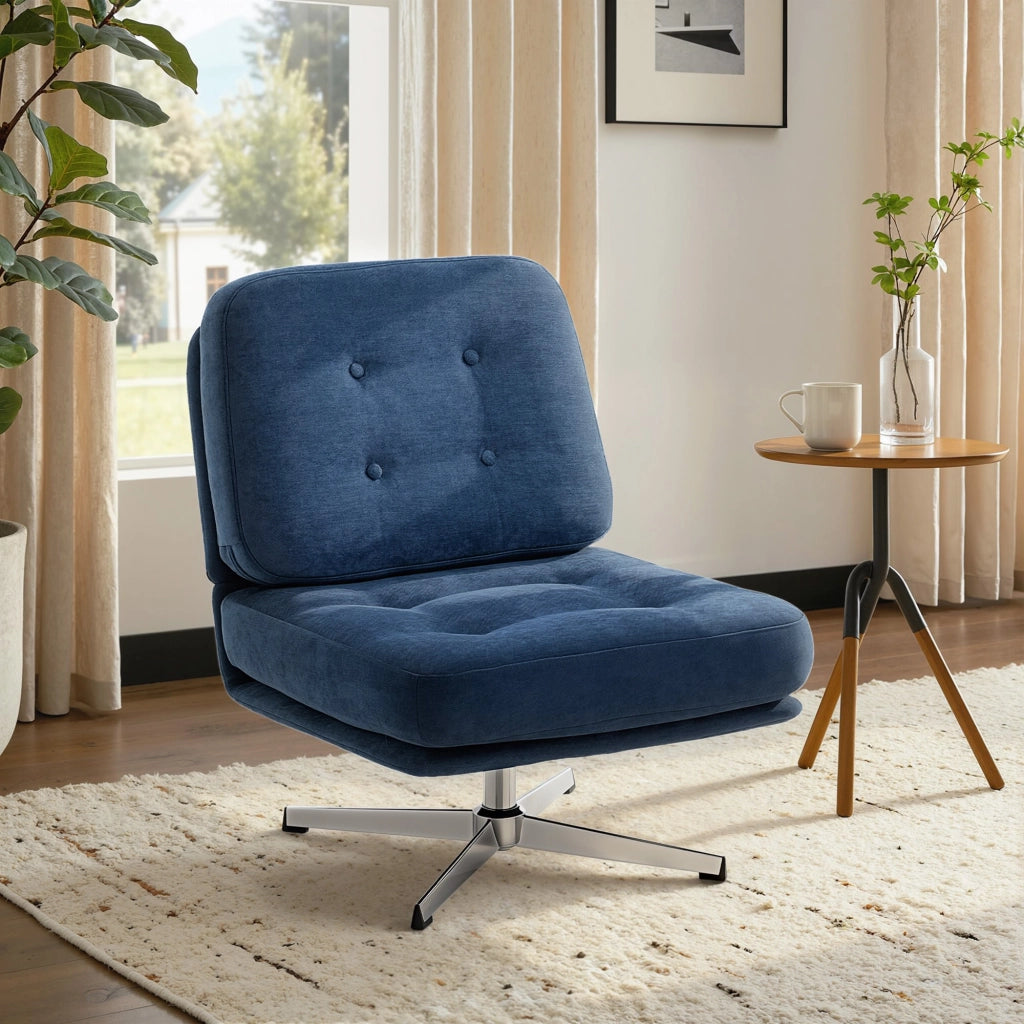Poltrona girevole senza braccioli in tessuto chenille ¨C zephmum ¨C 70x87x84 cm blu scuro