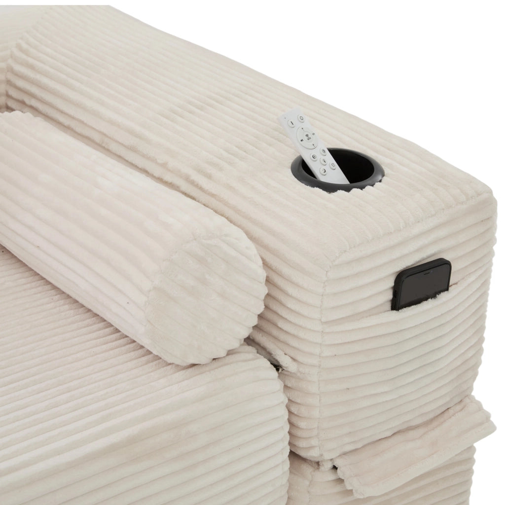 Divano letto modulare con tasche portabicchieri braccioli rimovibili e cuscini in memory in velluto a coste beige