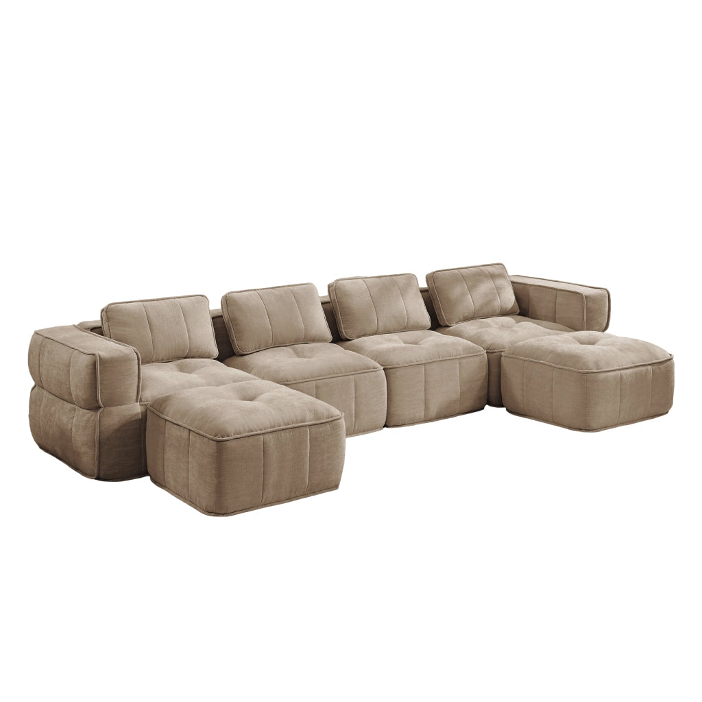 Divano modulare a U 4 posti senza telaio con pouf e seduta profonda in poliestere sabbia 344 × 162 × 67 cm
