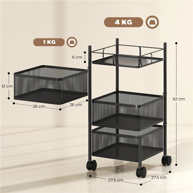 CARRELLO CUCINA A 3 LIVELLI CON CESTINI IN METALLO GIREVOLI, RUOTE E FRENO, 27.5X27.5X62 CM, NERO